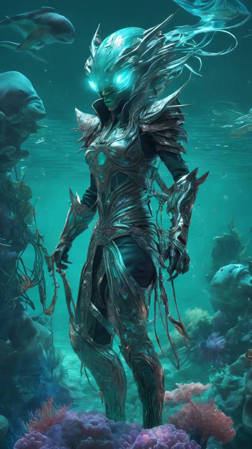 身穿藍綠色和銀色盔甲的黑暗精靈巫師，在神奇的水下遊戲場景中召喚神秘的海洋生物。