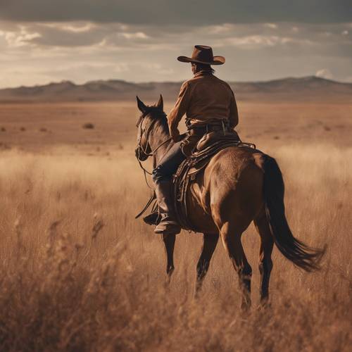 一位牛仔骑着马在开阔的草原上，背景是深棕色的光环。