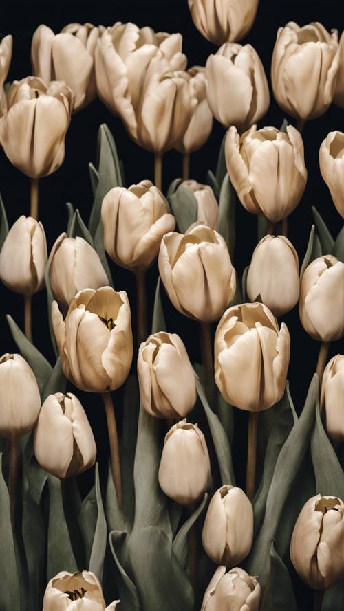 Motif de tulipes beiges sur fond sombre.