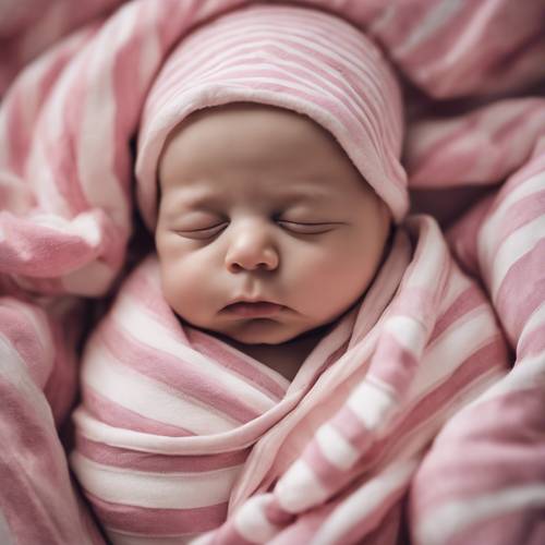 분홍색과 흰색 줄무늬 포대기에 싸여 자고 있는 아기.