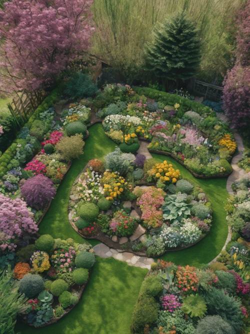 春天郁郁葱葱的村舍花园的鸟瞰图，其中有各种形状和大小的花坛，有着所有可以想象到的自然色彩。