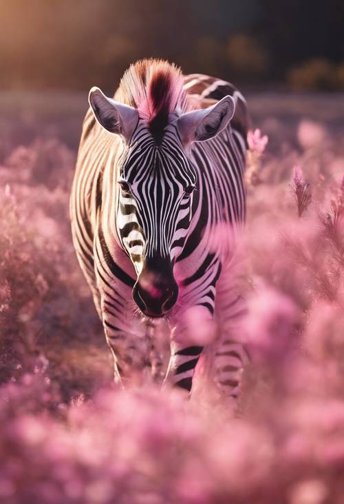 粉紅色斑馬在早晨陽光下伸展的動畫圖像。
