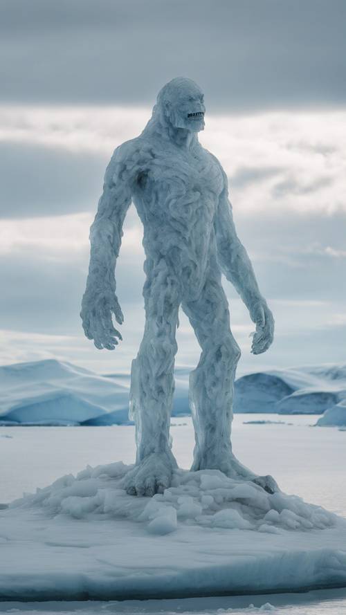 A towering, stoic, ice-statue of a monster standing lonely amidst the serene, arctic landscapes.