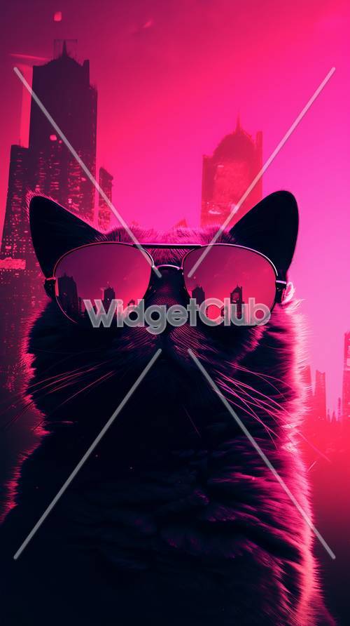 Fajny kot w okularach przeciwsłonecznych z różową panoramą miasta