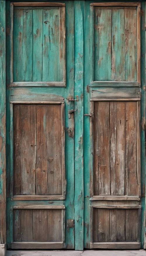 Soyulmuş, yıpranmış deniz mavisine boyanmış rustik ahşap bir kapı.