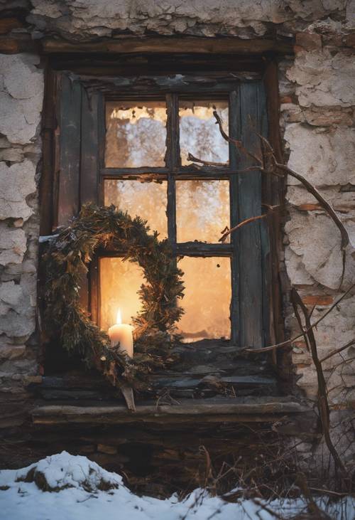 A derelict house, its shattered windows lit by a lone candle, supporting a wilted Christmas wreath. Wallpaper [a2f18462047544f4b1cb]