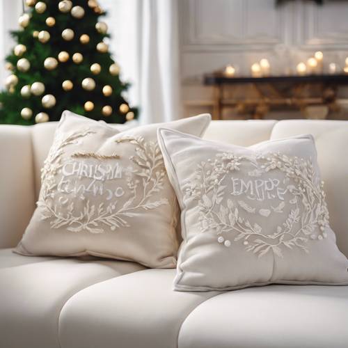 Two simple, yet elegant Christmas pillows with embroidered designs on a white couch Behang [7662ae87ba4743799bd4]