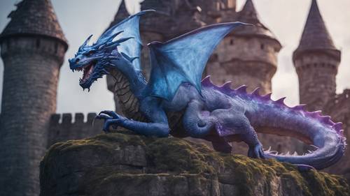 Um dragão majestoso circulando pela torre de um castelo, todo em tons de azul místico e roxo real, como uma cena de um jogo de RPG de fantasia.