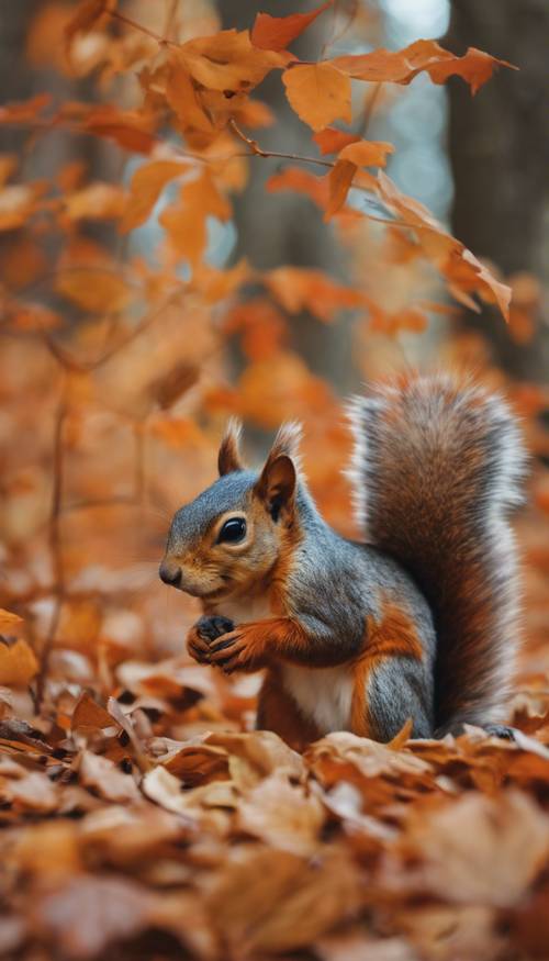 A forest brimming with the vibrant hues of fall, where adorable squirrels gambol amidst rustling leaves. Divar kağızı [266f23e013af4c4cb834]