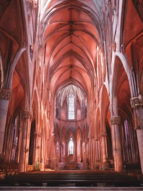 고딕 양식의 아치가 있고 짙은 분홍색과 노을빛 오렌지색으로 물들어 있는 우뚝 솟은 영묘한 성당입니다.