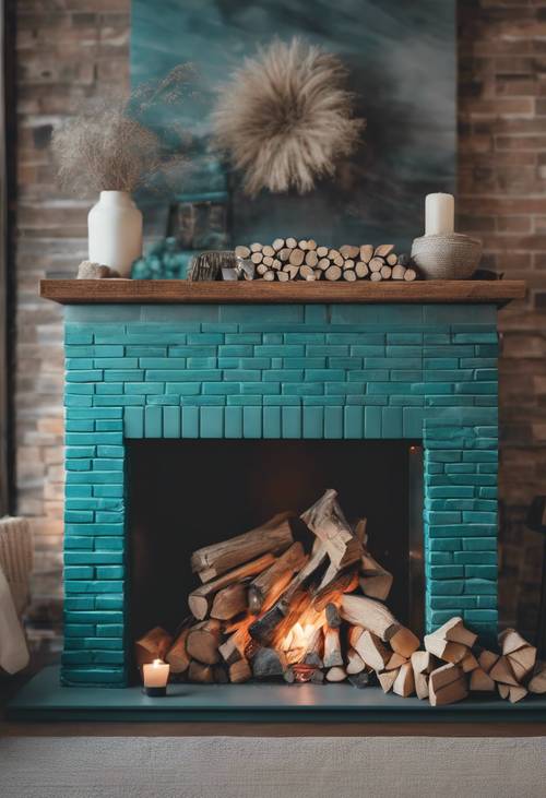 舒适的客厅里有一座蓝绿色的砖壁炉，旁边整齐地堆放着木柴。
