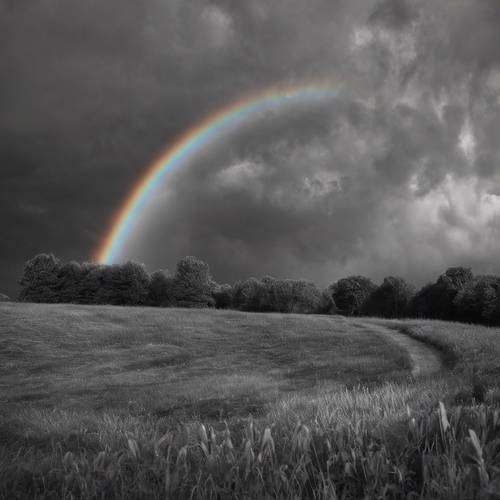 A monochrome rainbow arched over a gloomy sky just after a summer rainstorm.