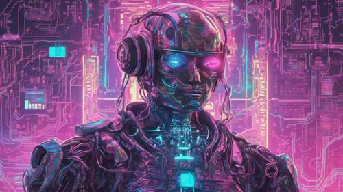 Robot cyberpunk berwarna pastel dengan jaringan sirkuit bercahaya yang rumit.