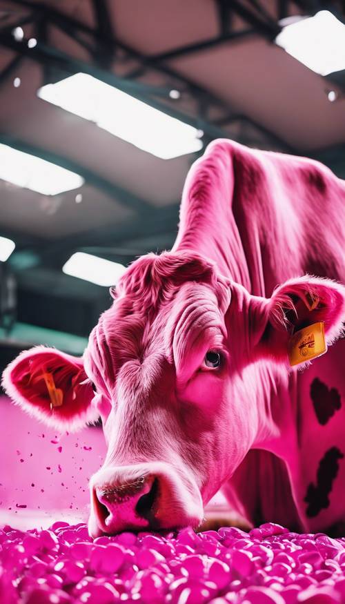 Яркий и массивный ярко-розовый принт коровы, заполняющий бесконечный холст.