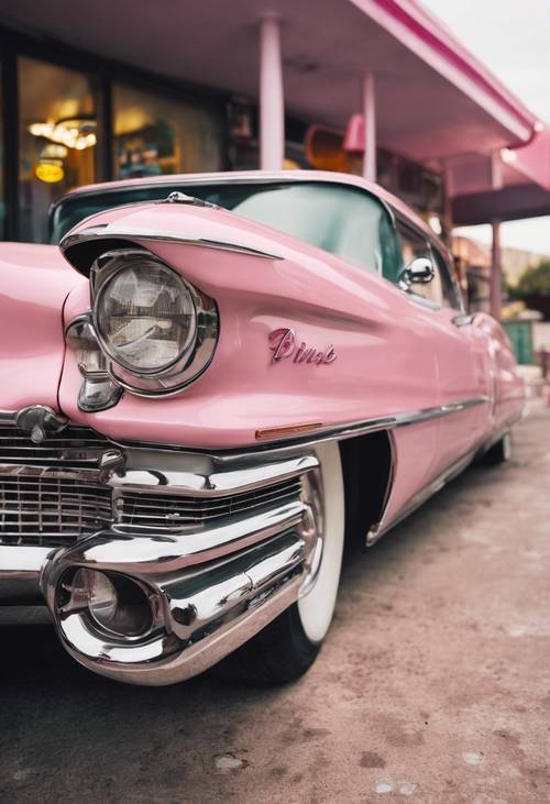 A vintage pink Cadillac parked in front of a diner.