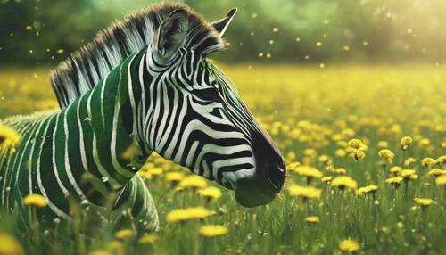 Animowana zielona zebra bawiąca się na łące pełnej mleczy.