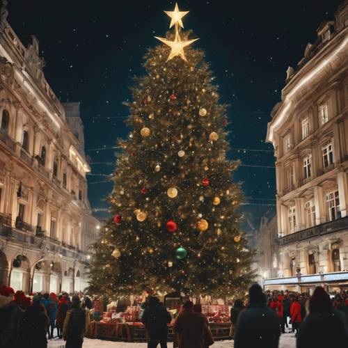 A wide-angle view of a grand city square bustling with Christmas festivities, a giant, twinkling tree in the center.