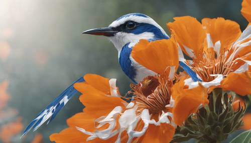 A blue and white bird momentarily still in flight as it sips nectar from a vibrant orange flower.