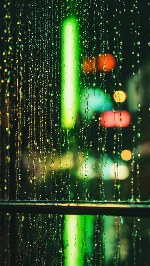 Tetesan air hujan di kaca jendela dengan lampu hijau neon kota memantulkannya.