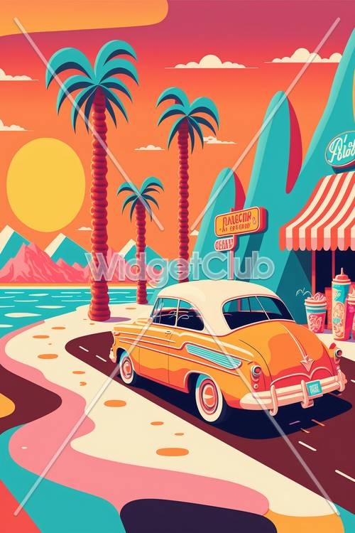 Colorful Retro Beach Scene with Classic Car Wallpaper[fc281d08328e4e929642]