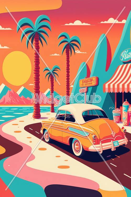 Scena di spiaggia retrò colorata con auto d&#39;epoca