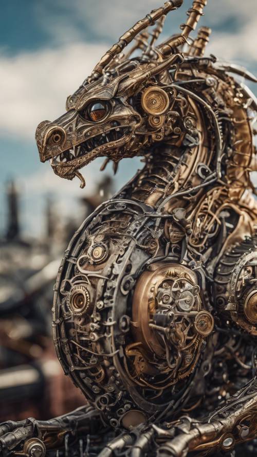 A steampunk style metallic dragon with intricate gears and steam tendrils.
