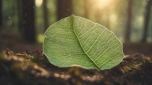 Citazione motivazionale incisa su una foglia di un albero, con la foresta circostante nella luce del primo mattino che fornisce uno sfondo sereno.