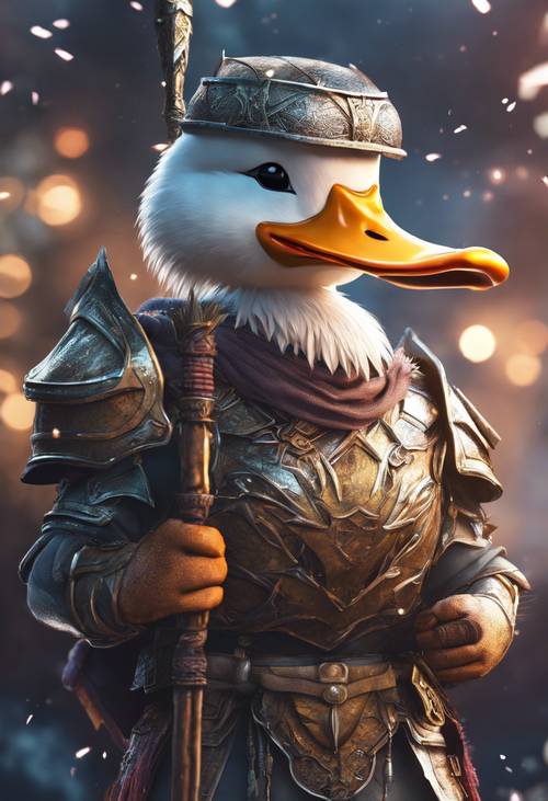 An anime style drawing of a cool duck warrior with armor and a magical staff.
