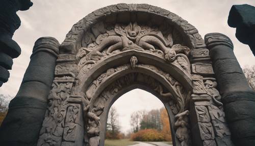 Une arche gothique en pierre, finement sculptée de bêtes mythiques.