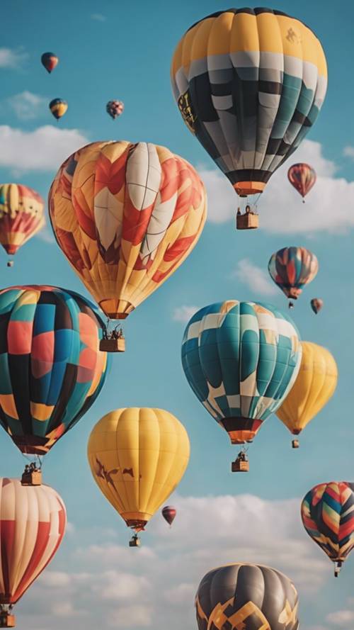 Brightly colored hot air balloons sailing across a crisp, blue sky