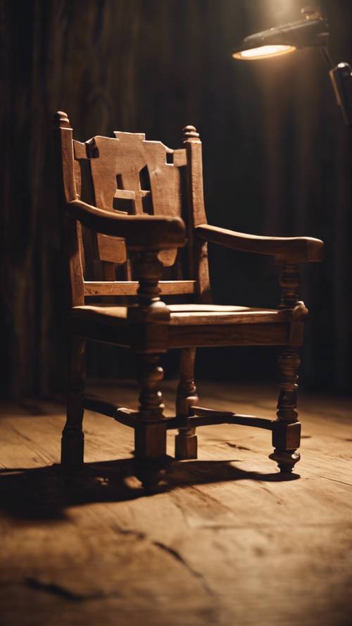 חוקר מאפיה נחקר בכיסא עץ, שטוף אור זרקורים עז.