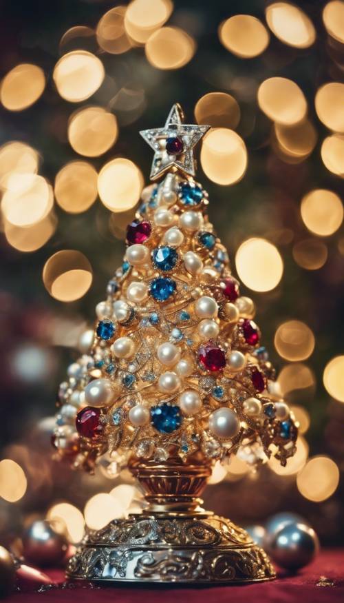 Un árbol de Navidad adornado con joyas, reluciente de diamantes, perlas y gemas preciosas en un tesoro real.