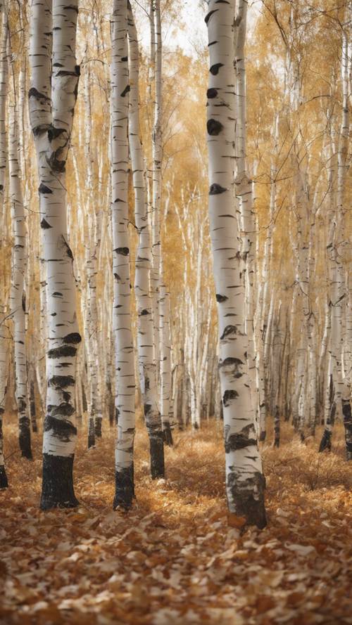 A landscape of a dense forest in autumn with white birch trees and brown leaves