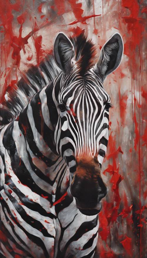 Uma pintura abstrata de uma zebra vermelha forte em movimento.