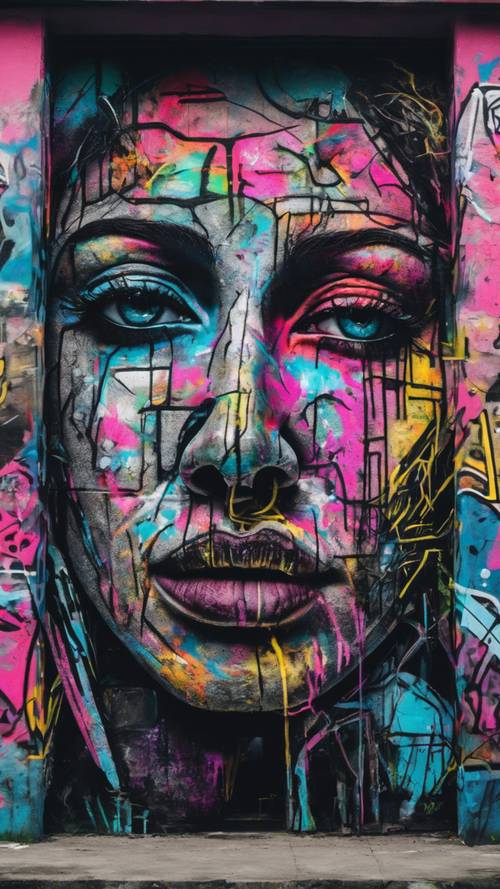 Graffiti of an abstract human face outlined in black, filled with neon colors on a derelict building.