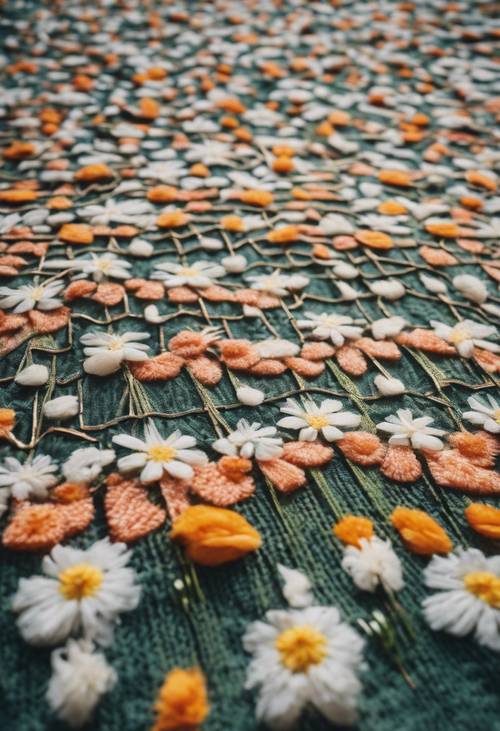 春をイメージした幾何学的な花柄が施された織りのピクニックブランケット