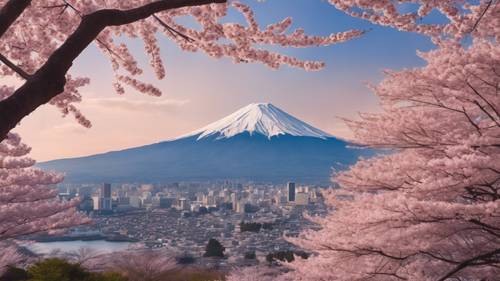 Cherry blossom trees in full bloom, framing the backdrop of Mount Fuji