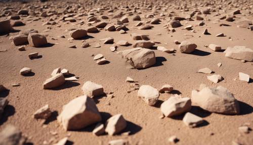 가혹한 한낮의 태양 아래, 사막 바닥에 부서진 사암 조각들이 흩어져 있습니다.