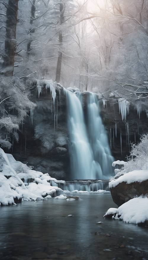 An icy waterfall frozen in time amidst a tranquil winter forest.