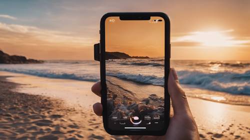 An iPhone 15 Pro Max shooting high-definition video of a beach scene during sunset.