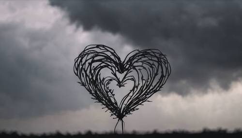 A silhouette of a heart against a black and gray stormy sky.