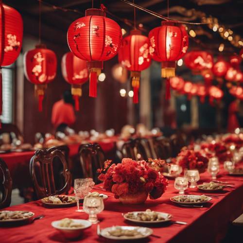 A traditional Chinese New Year banquet with a long table filled with dishes and red lanterns hanging above.
