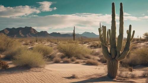 A southwestern landscape with tall saguaro cacti, sand dunes, and a deep turquoise sky.