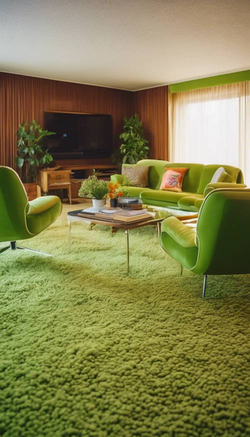 Ein klassisches Wohnzimmer im 70er-Jahre-Stil mit dickem, zotteligem Teppich in leuchtendem Grün und flippigen Retro-Möbeln.
