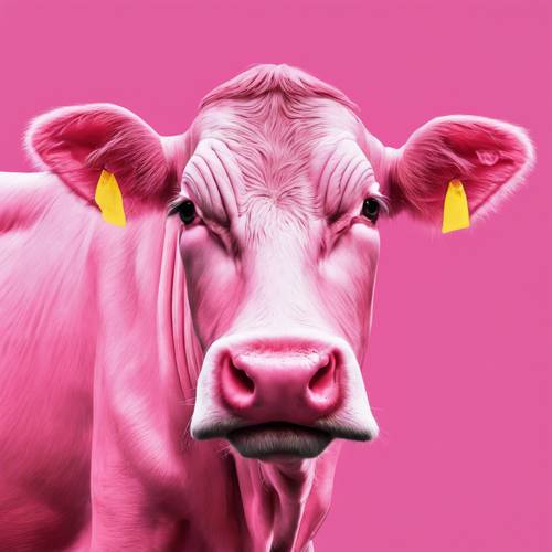 Potret abstrak sapi merah muda bergaya Andy Warhol.