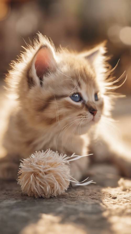 A fluffy, beige-colored kitten playing with a feathered toy under warm sunlight.