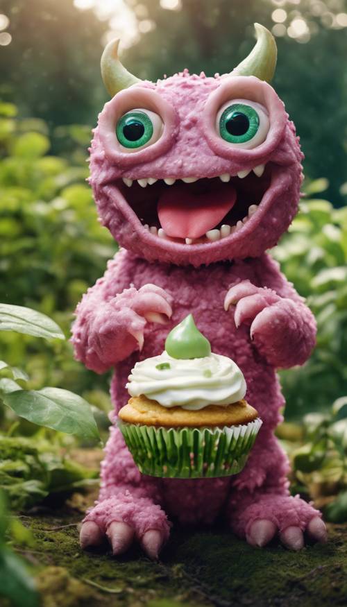 Un cucciolo di mostro che sorride mentre tiene in mano un cupcake in un rigoglioso giardino verde.