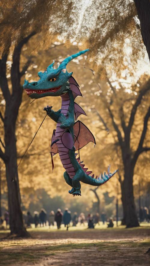 Una cometa dragón con características exageradas y de gran tamaño que se vuela en un parque bullicioso.