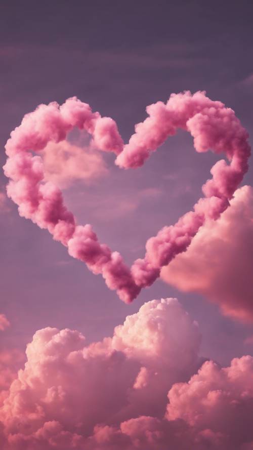 황혼의 하늘에 핑크색 하트 모양의 구름이 떠있습니다.
