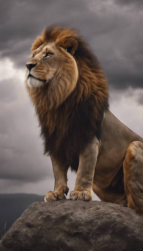 Seekor raja singa mengaum dengan megahnya di atas bukit di bawah langit badai.